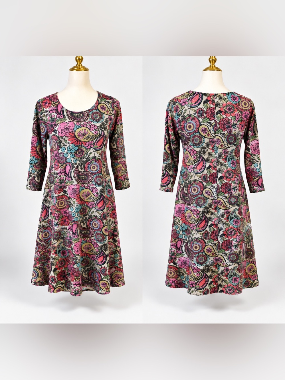 Natural Life Floral Paisley Midi Dress 3/4 Sleeve Scoop Neck A Line Cottagecore